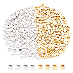 Spacer бисер латунные, кубические, золотой и серебряный, 3x3x3 мм, отверстие : 1.5 мм, 2 цветов, 200 шт / цвет, 400 шт / коробка