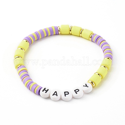 Handmade Polymer Clay Beads Stretch Bracelets Sets, with Brass Beads and Acrylic Enamel Beads, Happy, Yellow, Inner Diameter