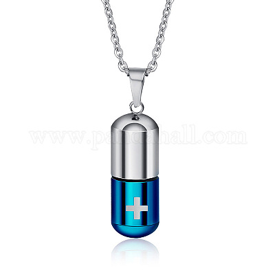 Zweifarbige Halskette mit Pillenanhänger aus Edelstahl 316L mit Kreuzurne und Ascheanhänger mit Kabelketten&nbsp;BOTT-PW0001-010PBU-1