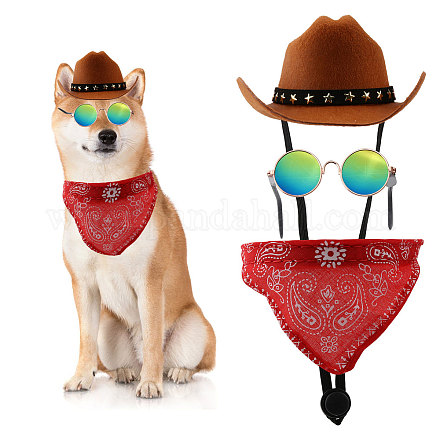 Chgcraft 3 pz pet cowboy costume set cappello bandana sciarpa fazzoletto e occhiali da sole per gattino cucciolo gatto cane festa festival natale accessori decorazione halloween AJEW-CA0003-84-1