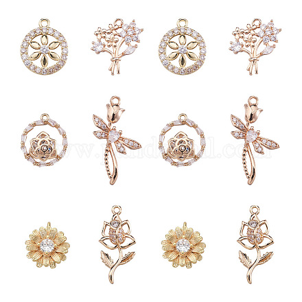 Cheriswelry 12 piezas 6 estilo latón micro pavé colgantes de circonita cúbica transparente KK-CW0001-04-1