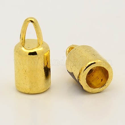 チベット風合金コードエンドパーツ  鉛フリー及びカドミウムフリー  コラム  ゴールドカラー  14x6.5mm  穴：4mm  内径：4~5mm TIBEP-LF9369YKG-G-LF-1