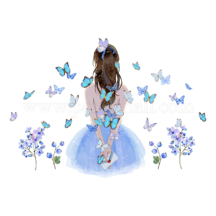 SUPERDANT Girl Back View Wall Decal Butterflies Wall Stickers with Blue Flowers Wall Art DIY Art for Girls' Room Dance Studio Women's Apartment Decoration DIY-WH0228-884-1
