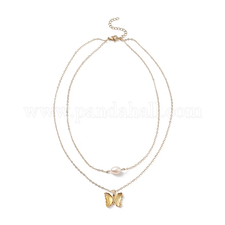 Glass Butterfly & Natural Pearl Pendants Double Layer Necklace with Clear Cubic Zirconia NJEW-TA00043-04-1