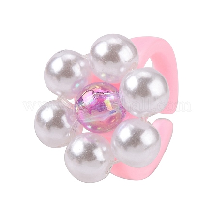 透明アクリルカフ指輪  透明アクリル模造パールビーズと透明アクリルビーズ付き  花  ピンク  usサイズ3（14mm） RJEW-JR00258-01-1