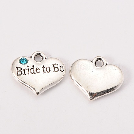 Wedding Theme Antique Silver Tone Tibetan Style Heart with Bride to Be Rhinestone Charms X-TIBEP-N005-10C-1