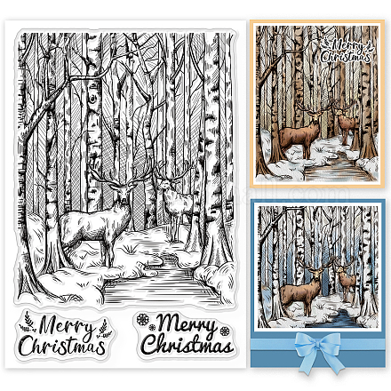 GLOBLELAND Christmas Forest Background Clear Stamps Deer in The Forest Silicone Clear Stamp Seals for Cards Making DIY Scrapbooking Photo Journal Album Decoration DIY-WH0167-56-1057-1