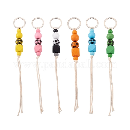 Kissitty 6Pcs 6 Colors Schima Wood & Cotton Cord Keychain KEYC-KS0001-03-1