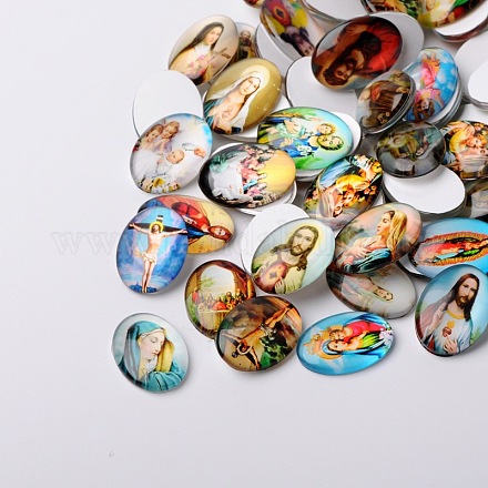 Jesus and the Virgin Printed Glass Oval Cabochons GGLA-N003-18x25-A-1