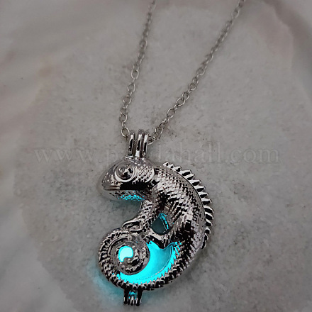 Alloy Lizard Cage Pendant Necklace with Synthetic Luminaries Stone LUMI-PW0001-020P-B-1