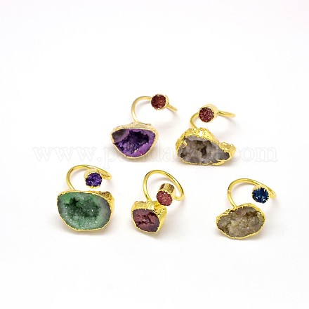 18K Gold Plated Eco-Friendly Brass Druzy Natural Agate Cuff Rings RJEW-F041-02-1