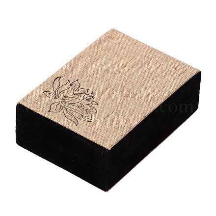 Boîtes à pendentif bijoux en toile de jute imprimées rectangle en plastique lotus OBOX-N009-05-1