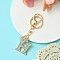 Golden Alloy Rhinestone Keychain, with Alloy Clasp and Iron Rings, Letter H, 10cm, Pendant: 42mm