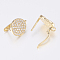 Brass Micro Pave Cubic Zirconia Hoop Earring Findings with Latch Back Closure, Flat Round, Clear, Golden, 16x12x13mm, Hole: 1.2mm, Pin: 1.2mm