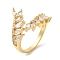 Leaf Brass Micro Pave Cubic Zirconia Open Cuff Rings, for Women, Lead Free & Cadmium Free, Real 18K Gold Plated, Clear, US Size 7 1/4(17.5mm)