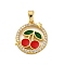 Brass Micro Pave Cubic Zirconia Pendants, with Enamel, Cherry Charms, Long-Lasting Plated, Cadmium Free & Lead Free, Rack Plating, Real 18K Plated, FireBrick, 18x16x2.5mm, Hole: 5mm