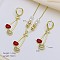 Brass Micro Pave Cubic Zirconia Pendant Necklaces & Hoop Earrings Sets, with Enamel, Cherry, Earrings: 50x19mm