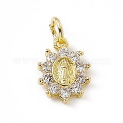 Ottone micro spianare fascino zirconi, con anello di salto,  cadmio& piombo libero, ciondolo a forma di fiore ovale con simbolo religioso della Vergine Maria, vero placcato oro 18k, 12x9x2mm, Foro: 3 mm