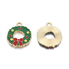 Thema Weihnachten, Emaille Anhänger Legierung, Licht Gold, Kranz, grün, 20x17.5x1.5 mm, Bohrung: 2 mm