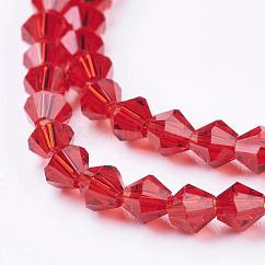 Imitación austriaco cristal 5301 bicono cuentas, Cuentas de vidrio facetado hebras, rojo, 4x4mm, agujero: 0.8~1 mm, aproximamente 75~78 pcs / cadena, 28~29 cm