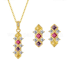 Set di collane con ciondolo e orecchini a bottone in argento sterling con pavé di zirconi cubici colorati a forma di rombo 925 per donna&nbsp;WGF0FD8-06