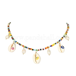 Collana con bavaglino in conchiglia naturale malocchio e perle con catene di perline di semi di vetro&nbsp;NJEW-TA00104