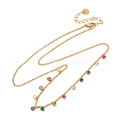 304 нержавеющая сталь паве цветные кубические цирконии плоские круглые кисточки витые цепочки ожерелья для женщин&nbsp;LS-NJEW-A051-04G