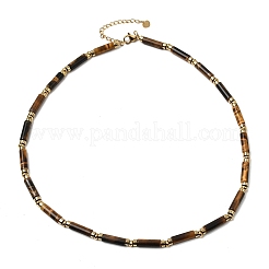 Колье из натуральных бусин тигрового глаза и синтетического немагнитного гематита в виде колонн с цепочками из нержавеющей стали 304.&nbsp;NJEW-K301-01B