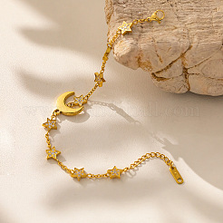 Bracciale da donna in acciaio inossidabile 304 con maglie a forma di luna e stella e zirconi cubici trasparenti micro pavé.&nbsp;WG4658D-02