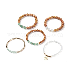5pcs 5 style bois naturel et ensemble de bracelets extensibles en perles de pierre mélangées&nbsp;BJEW-JB08823