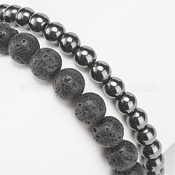 2 pièces 2 style pierre de lave naturelle et hématite synthétique bracelets extensibles perlés ronds sertis de signe de paix en alliage&nbsp;BJEW-JB08311