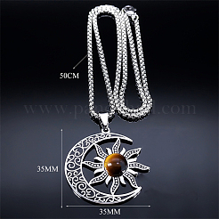 Gothic Mond Sonne 201 Edelstahl Pavé natürliche Tigerauge Anhänger Halsketten für Frauen&nbsp;FS-WG56BEB-01