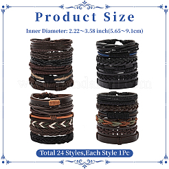 Juego de 24 pulsera de cordón de cuero sintético trenzado ajustable de 24 estilos para hombre.&nbsp;BJEW-WH20009-25