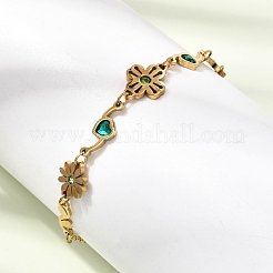 Bracelets en acier inoxydable 304 avec fleur en strass et maillons en forme de cœur&nbsp;SA-CBAF6AD-16G