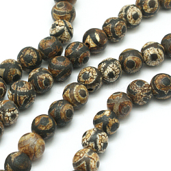 Perles dzi à 3 œil de style tibétain, Chapelets de perles d'agate naturelle, ronde, teints et chauffée, brun, 6mm, Trou: 1mm, Environ 30 pcs/chapelet, 7.5 pouce