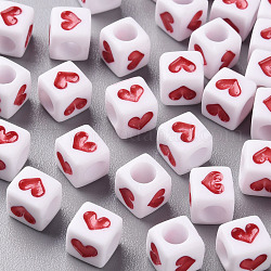 Perles acryliques opaques blanches, cube avec le coeur, firebrick, 6.5x6x6mm, Trou: 3mm, environ 320 pcs/50 g