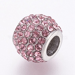 Perles européennes en 304 acier inoxydable, Perles avec un grand trou   , avec strass, rondelle, couleur inoxydable, rose clair, 10x8mm, Trou: 4.5mm
