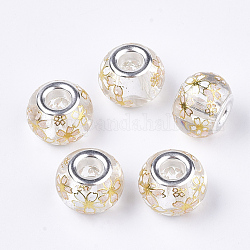 Perles européennes en verre, Perles avec un grand trou   , en laiton de tonalité de platine noyaux doubles, rondelle avec sakura, clair, 14x10~11mm, Trou: 5mm