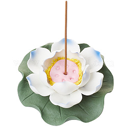 Gorgecraft スチールブルーロータス香ホルダー磁器香炉ホームオフィスティーハウス禅仏教用品セラミックスティックホルダー蓮の葉付きヨガスタジオ装飾瞑想  90mm