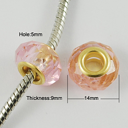Glass European Beads, with Golden Plated Brass Double Cores, Faceted, Rondelle, Pink, 14x9mm, Hole: 5mm