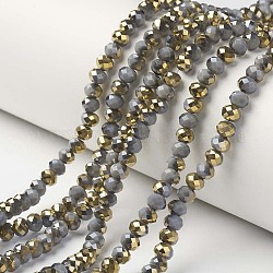 Fili di perline di vetro opaco placca, metà d'oro placcato, sfaccettato, rondelle, grigio scuro, 3.5x3mm, Foro: 0.4 mm, circa 123~127pcs/filo, 13.7~14.1 pollice (35~36 cm)
