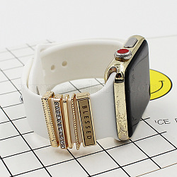 Ensemble de breloques de bracelet de montre en alliage béni mot, rectangle strass bracelet de montre anneaux décoratifs boucles, or, 2.1x0.3 cm, 5 pièces / kit