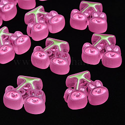 Perles en acrylique transparente, avec l'émail, mat, cerise avec ours et lapin, rose chaud, 22.5x26x9mm, Trou: 3mm