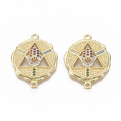 Brass Micro Pave Cubic Zirconia Links connectors, Nickel Free, Flat Round with Triangle with Hamsa Hand/Hand of Fatima/Hand of Miriam, Colorful, Real 16K Gold Plated, 26x19.5x3mm, Hole: 1.6mm