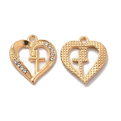 Colgantes de aleación de Diamante de imitación, dijes de corazón con patrón de cruz, religión, dorado, 19.5x17.5x2.5mm, agujero: 1.5 mm