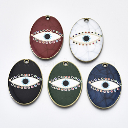 Printed Alloy Pendants, with Enamel, Cadmium Free & Lead Free, Oval with Eye, Antique Bronze, Mixed Color, 35x25x3mm, Hole: 2mm