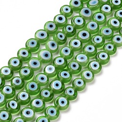 Handmade bösen Blick lampwork flache runde Perle Stränge, grün, 6x3 mm, Bohrung: 1 mm, ca. 65 Stk. / Strang