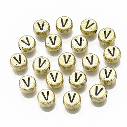 Perles acryliques plaquées, trou horizontal, plat rond avec la lettre, plaqué or, noir, letter.v, 7x4mm, trou: 1.2 mm.
