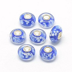 Perles européennes vernissées manuelles, avec un noyau et une fleur en laiton, Perles avec un grand trou   , rondelle, platine, bleu royal, 14x7.5~8mm, Trou: 4.5mm