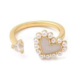 Открытое кольцо-манжета в форме сердца с кубическим цирконием и жемчужными бусинами из АБС-пластика, латунное кольцо на палец для женщин, без кадмия и без свинца, реальный 18k позолоченный, внутренний диаметр: 18 мм